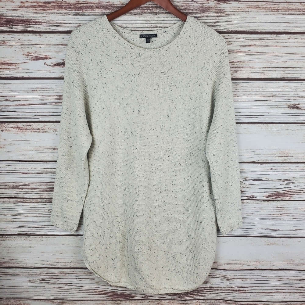 Eileen Fisher Womens Medium Off-White Speckled Crew Neck Sweater Knit Tunic